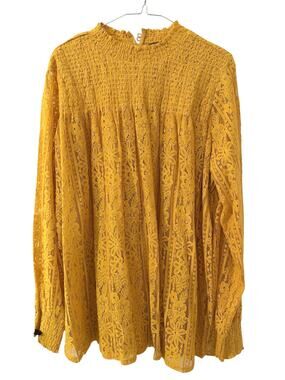 Kate Mallory 1X Mustard Lace Blouse Smocked Mock Neck Boho Romantic Cottagecore